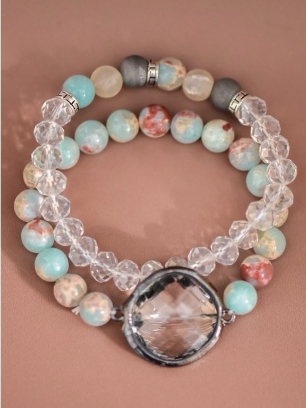 Beaded Multi-Strand Bracelet with Clear Crystal Accent - Aqua & Clear